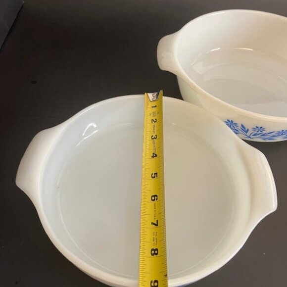 Set of 2 Anchor Hocking Fire King Milk Glass Casserole Dishes, Blue Floral - Picture 12 of 13